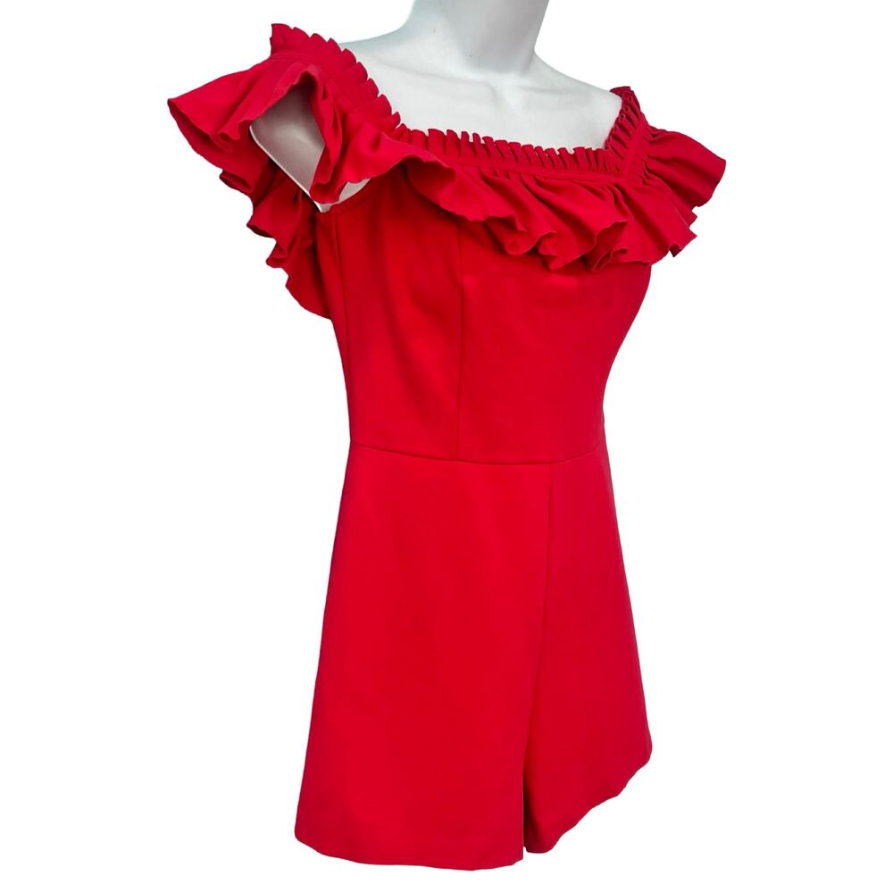 Urban Outfitters Cherry Red Rouge Off Shoulder Ruffle Heather Shorts Romper sz 2 - Picture 13 of 14